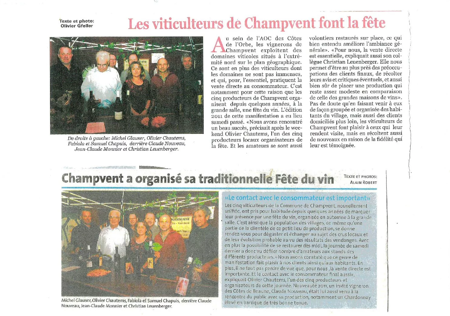 Articles de presse consacrés à la Fête du vin de Champvent, avec Olivier Chautems et les viticulteurs locaux présentant leurs vins aux visiteurs.