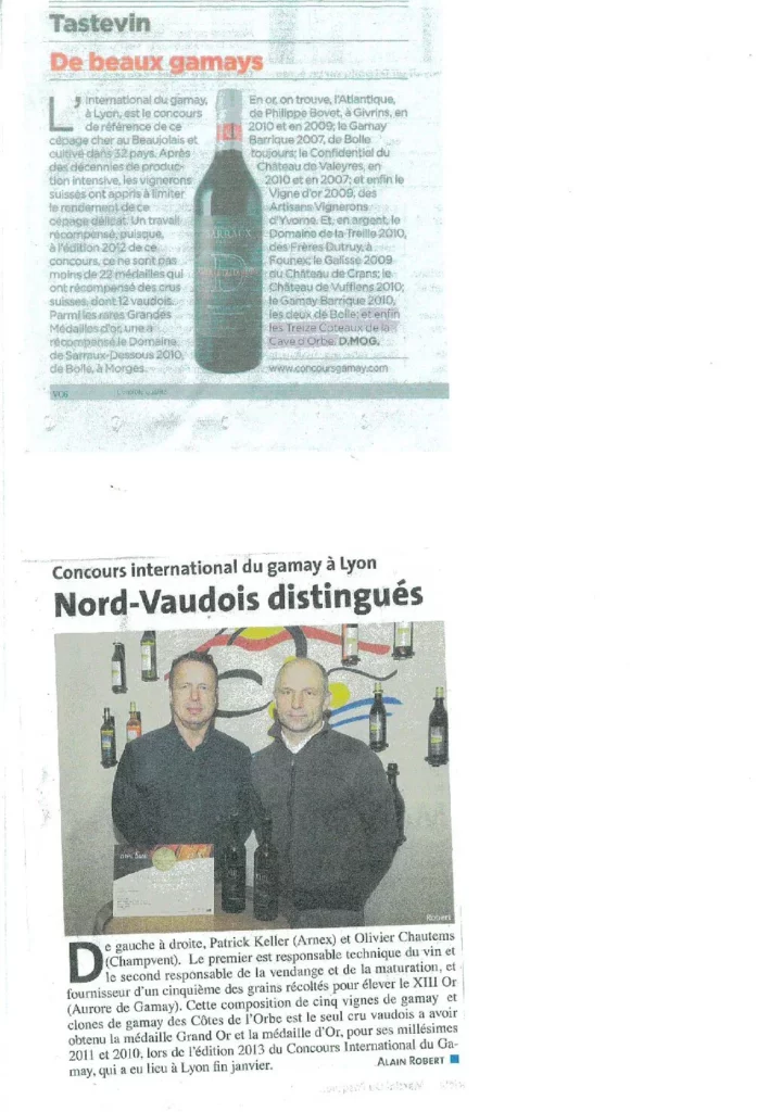 Article de presse mettant à l'honneur Olivier Chautems et Patrick Keller, récompensés au Concours international du Gamay à Lyon pour leurs cuvées des Caves des 13 Coteaux.