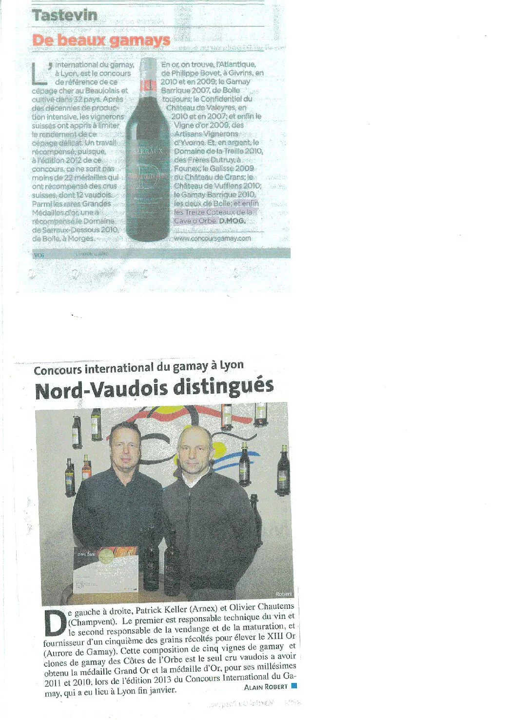 Article de presse mettant à l'honneur Olivier Chautems et Patrick Keller, récompensés au Concours international du Gamay à Lyon pour leurs cuvées des Caves des 13 Coteaux.