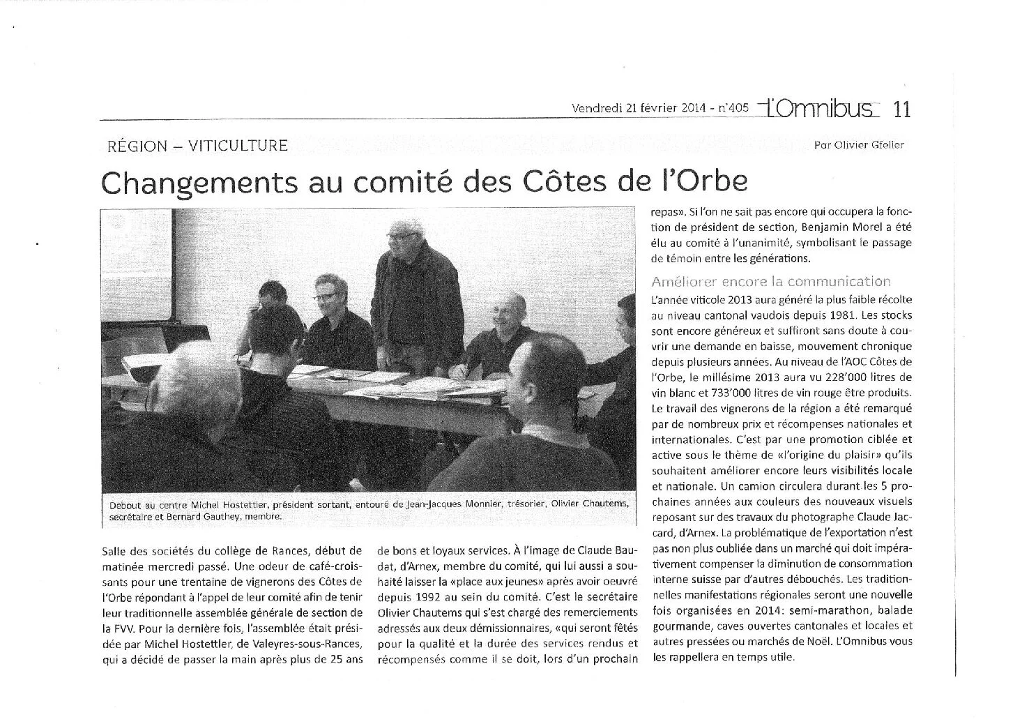 Article de presse présentant les changements au comité des Côtes de l'Orbe, avec Olivier Chautems lors de l'assemblée générale des vignerons.