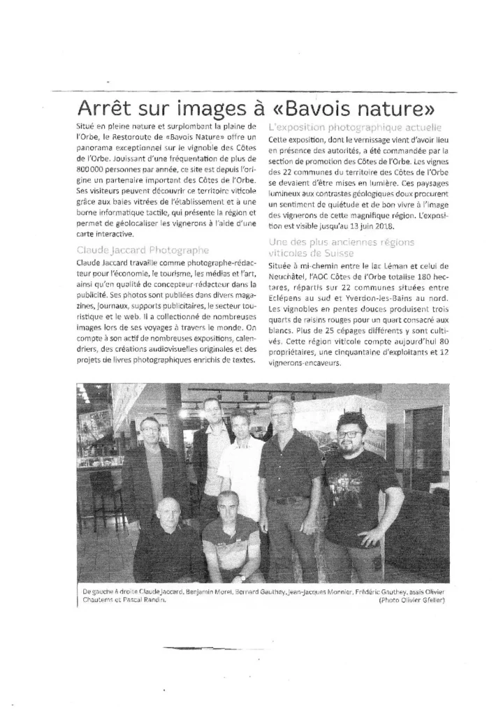 Article de presse présentant l'exposition photographique « Bavois Nature » de Claude Jacotard, consacrée aux paysages et à la biodiversité de la région de l'Orbe.