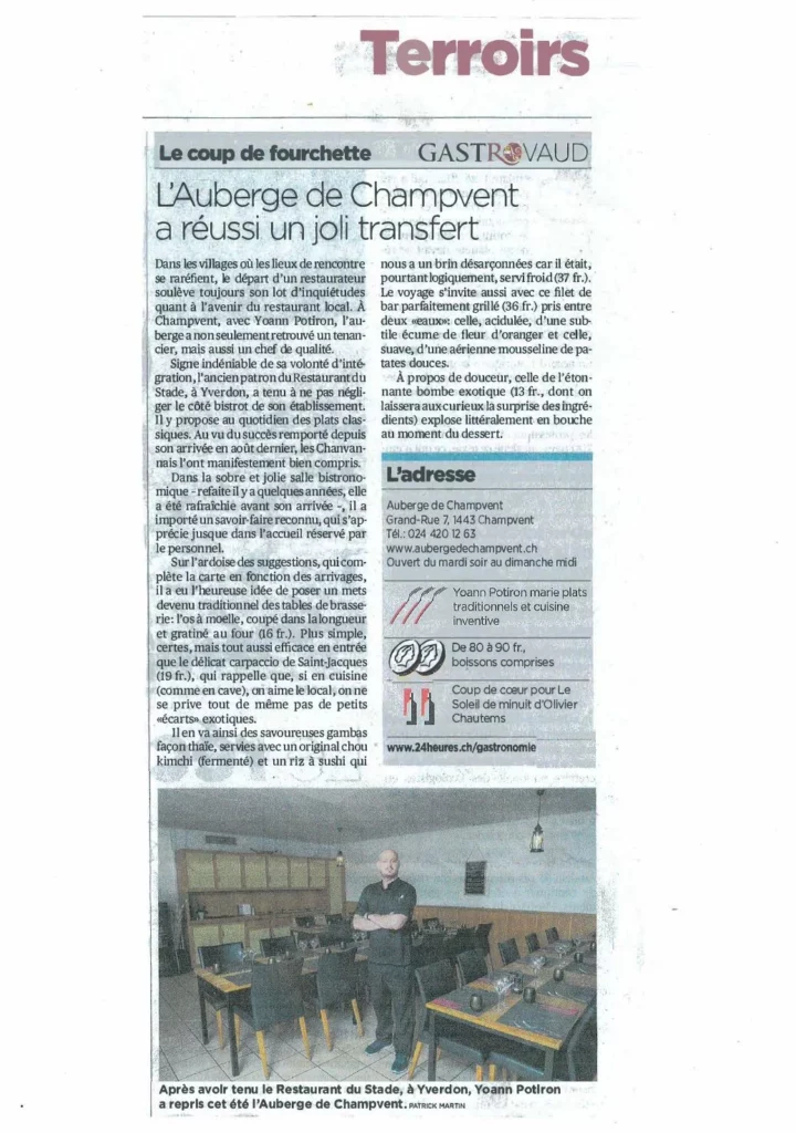 Article de GastroVaud présentant l'Auberge de Champvent et sa cuisine mettant en valeur les produits du terroir.
