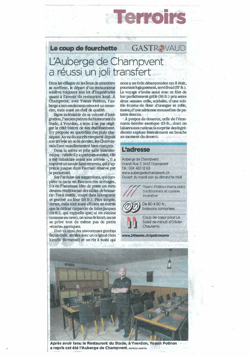Article de GastroVaud présentant l'Auberge de Champvent et sa cuisine mettant en valeur les produits du terroir.