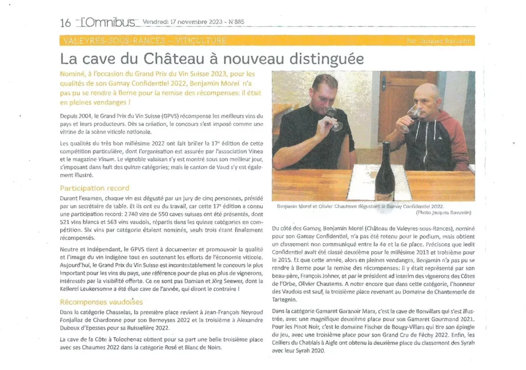 Coupure de presse de L'Omnibus mettant en avant une distinction obtenue par le Domaine des Dumières lors du Grand Prix du Vin Suisse 2023.