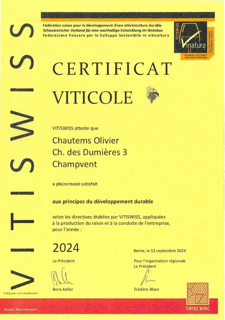 Certificat Vitiswiss 2024 attestant de l'engagement du Domaine des Dumières en faveur d'une viticulture durable.