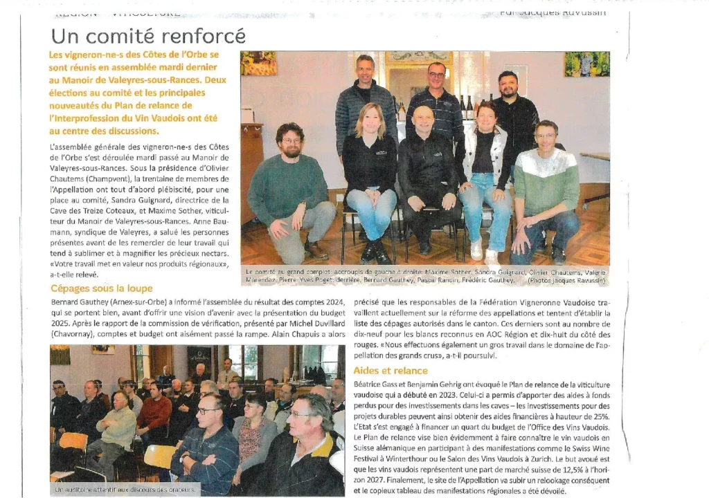 Article de presse de L'Omnibus présentant le renouvellement du comité des vignerons des Côtes de l'Orbe sous la présidence d'Olivier Chautems.