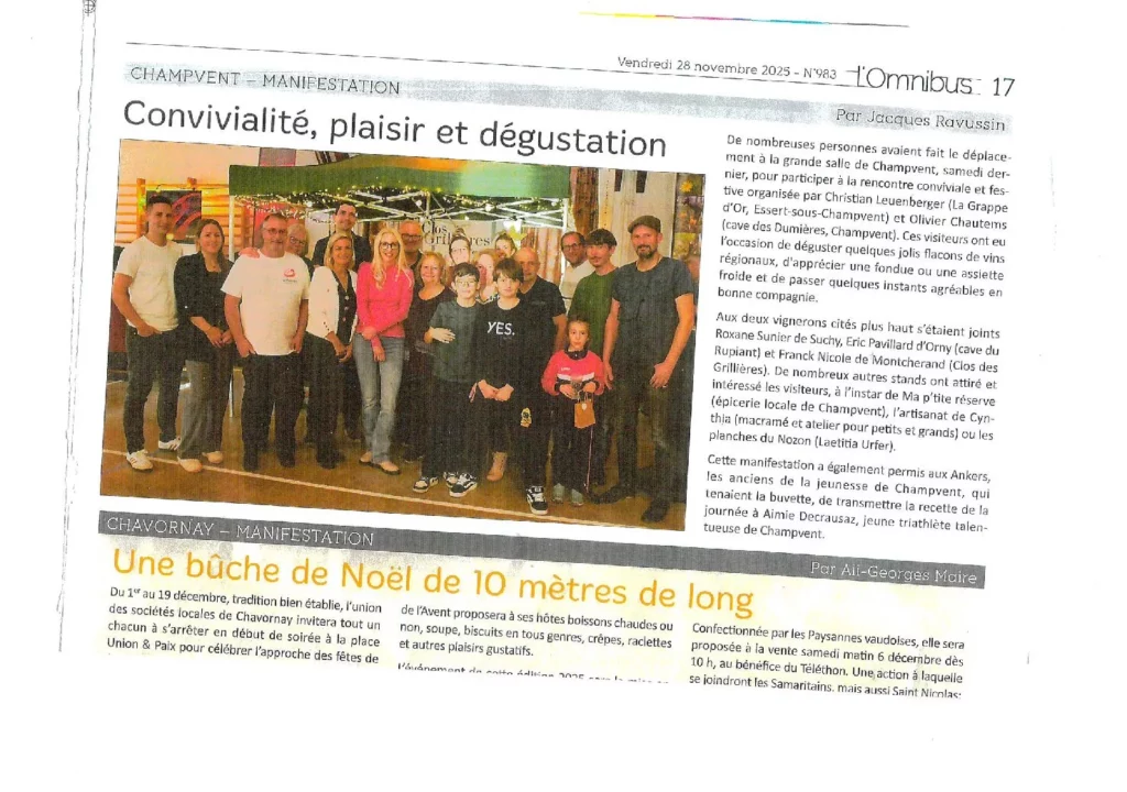 Article de L'Omnibus consacré à une journée de dégustation et de convivialité à Champvent, organisée avec la participation d'Olivier Chautems et des vignerons des Côtes de l'Orbe.