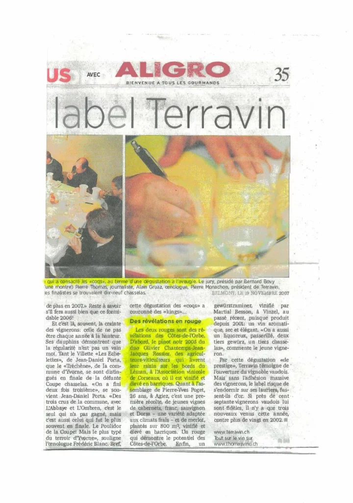 Article de Terroirs Aligro consacré au label Terravin, mettant en avant la cuvée Soleil de Minuit du Domaine des Dumières parmi les vins récompensés.