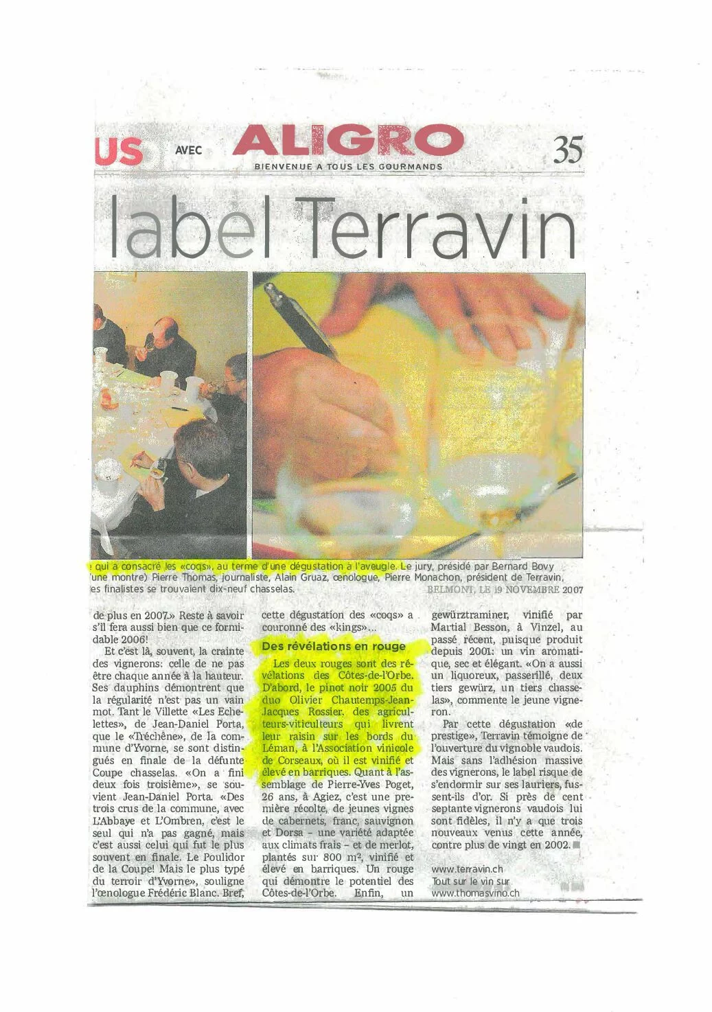 Article de Terroirs Aligro consacré au label Terravin, mettant en avant la cuvée Soleil de Minuit du Domaine des Dumières parmi les vins récompensés.