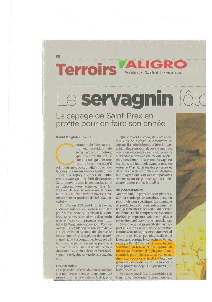 Article du magazine Terroirs Aligro consacré au Servagnin, cépage emblématique de Saint-Prex et des Côtes de l'Orbe, avec un témoignage d'Olivier Chautems.