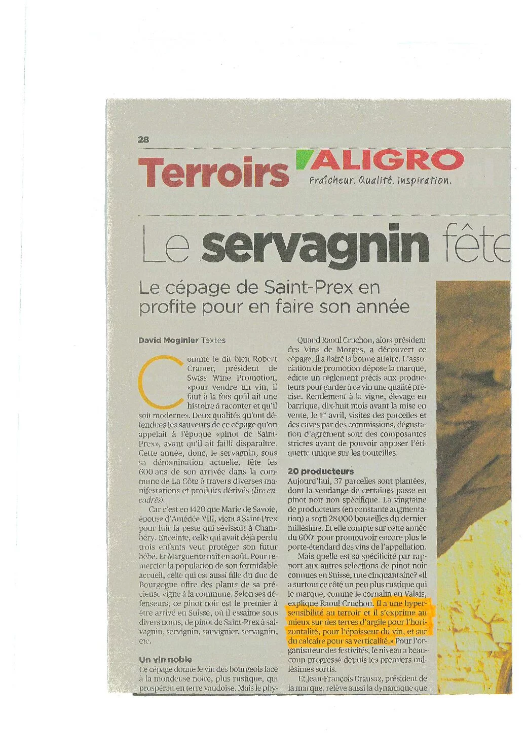 Article du magazine Terroirs Aligro consacré au Servagnin, cépage emblématique de Saint-Prex et des Côtes de l'Orbe, avec un témoignage d'Olivier Chautems.