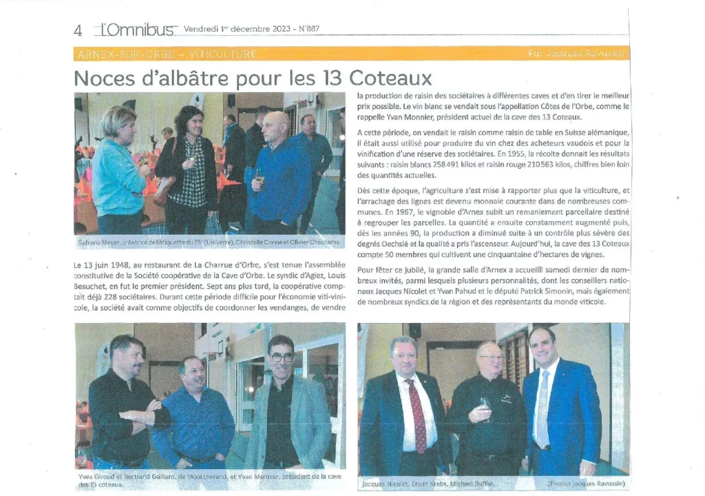 Article de presse de L'Omnibus présentant les 75 ans de la Cave des 13 Coteaux, auxquels a participé Olivier Chautems.