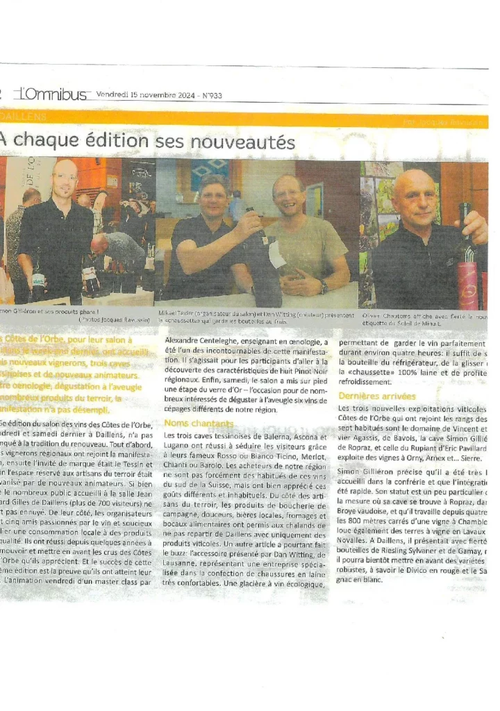 Article de presse de L'Omnibus consacré au salon des Côtes de l'Orbe, mettant en avant les nouveaux millésimes et la participation d'Olivier Chautems.