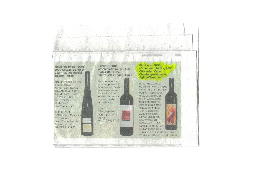 Sélection de vins mettant en avant la cuvée Soleil de Minuit du Domaine des Dumières parmi les pinots noirs des Côtes de l'Orbe.