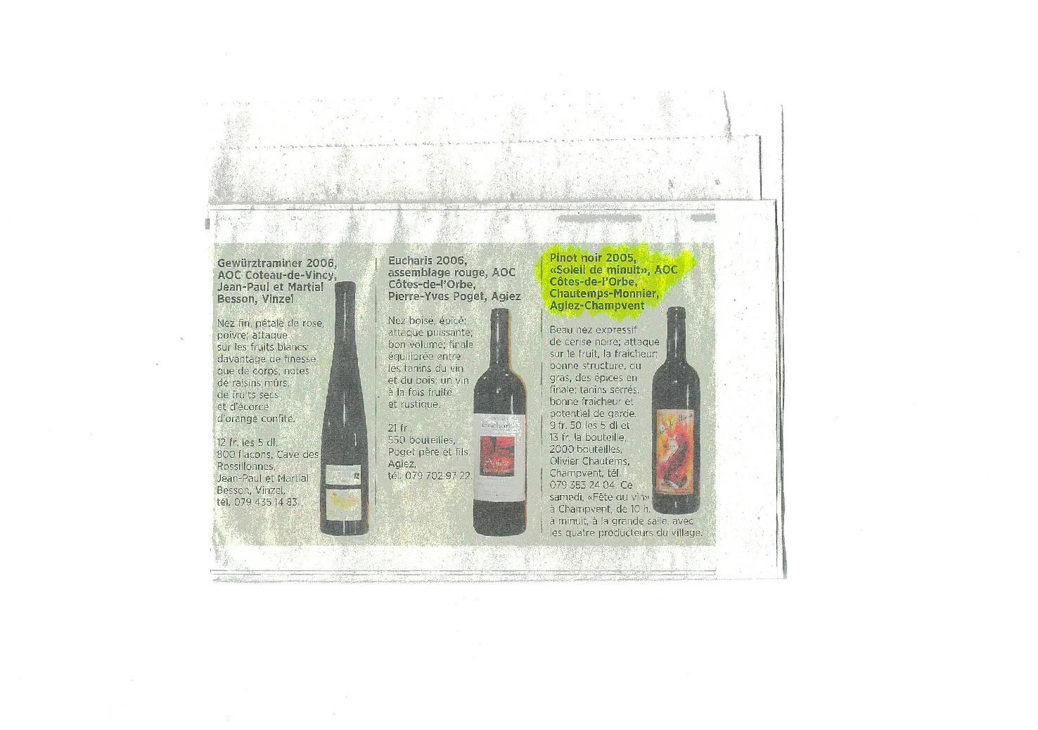 Sélection de vins mettant en avant la cuvée Soleil de Minuit du Domaine des Dumières parmi les pinots noirs des Côtes de l'Orbe.