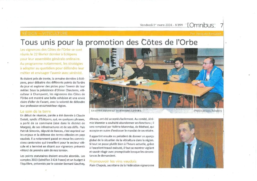 Article de presse de L'Omnibus sur la promotion des Côtes de l'Orbe et l'engagement d'Olivier Chautems pour la viticulture régionale.