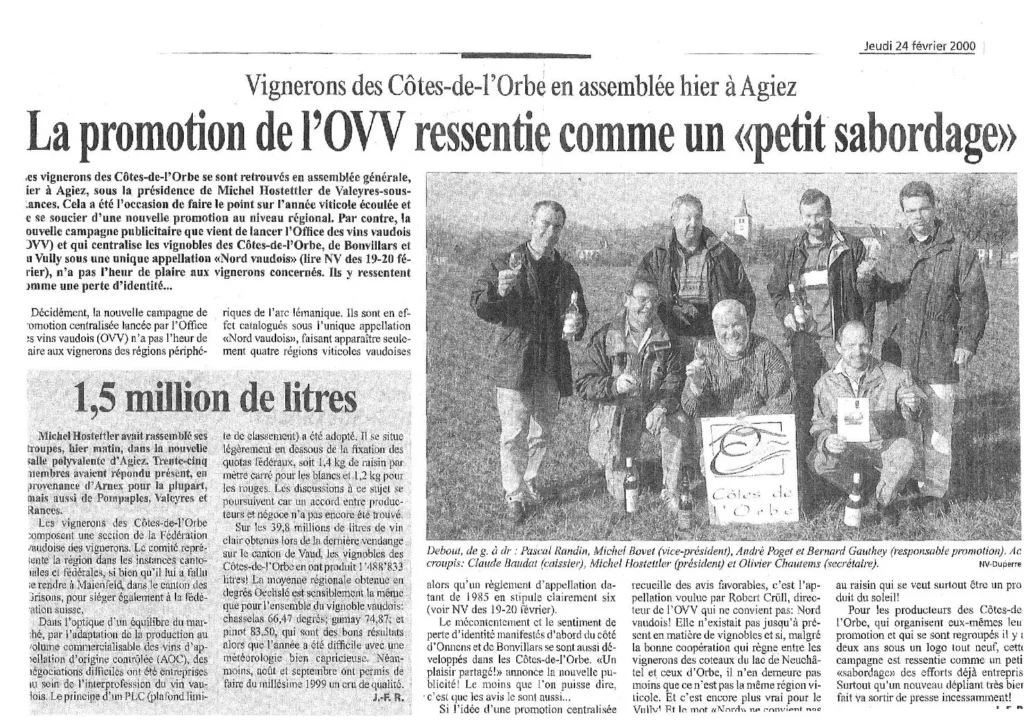 Article de presse consacré à l'assemblée des vignerons des Côtes de l'Orbe et à la promotion des vins de la région, avec la participation d'Olivier Chautems.