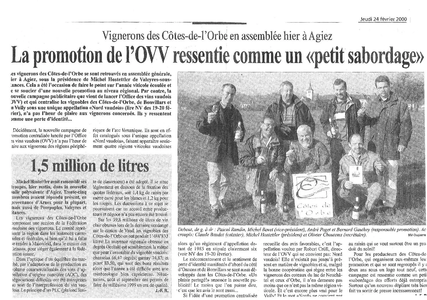 Article de presse consacré à l'assemblée des vignerons des Côtes de l'Orbe et à la promotion des vins de la région, avec la participation d'Olivier Chautems.