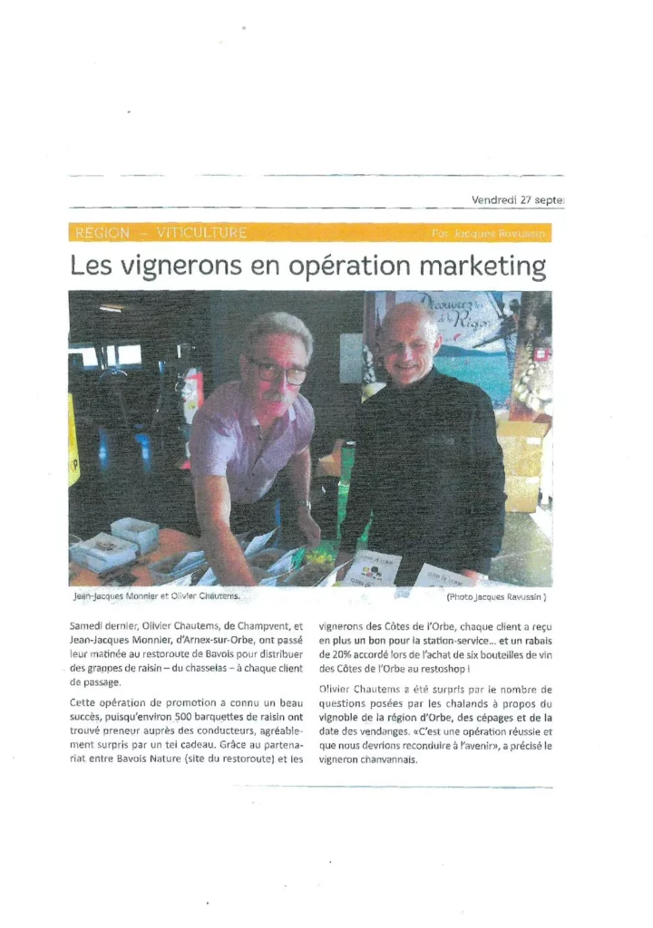 Article de presse de L'Omnibus présentant une action de promotion des vins des Côtes de l'Orbe menée par les vignerons, dont Olivier Chautems.