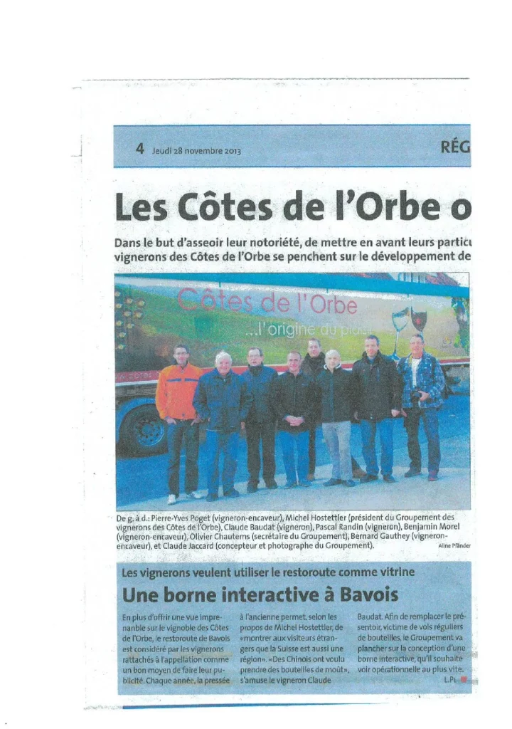 Article de presse présentant les initiatives des vignerons des Côtes de l'Orbe pour promouvoir leur vignoble, avec Olivier Chautems et les membres du groupement devant le camion de promotion.