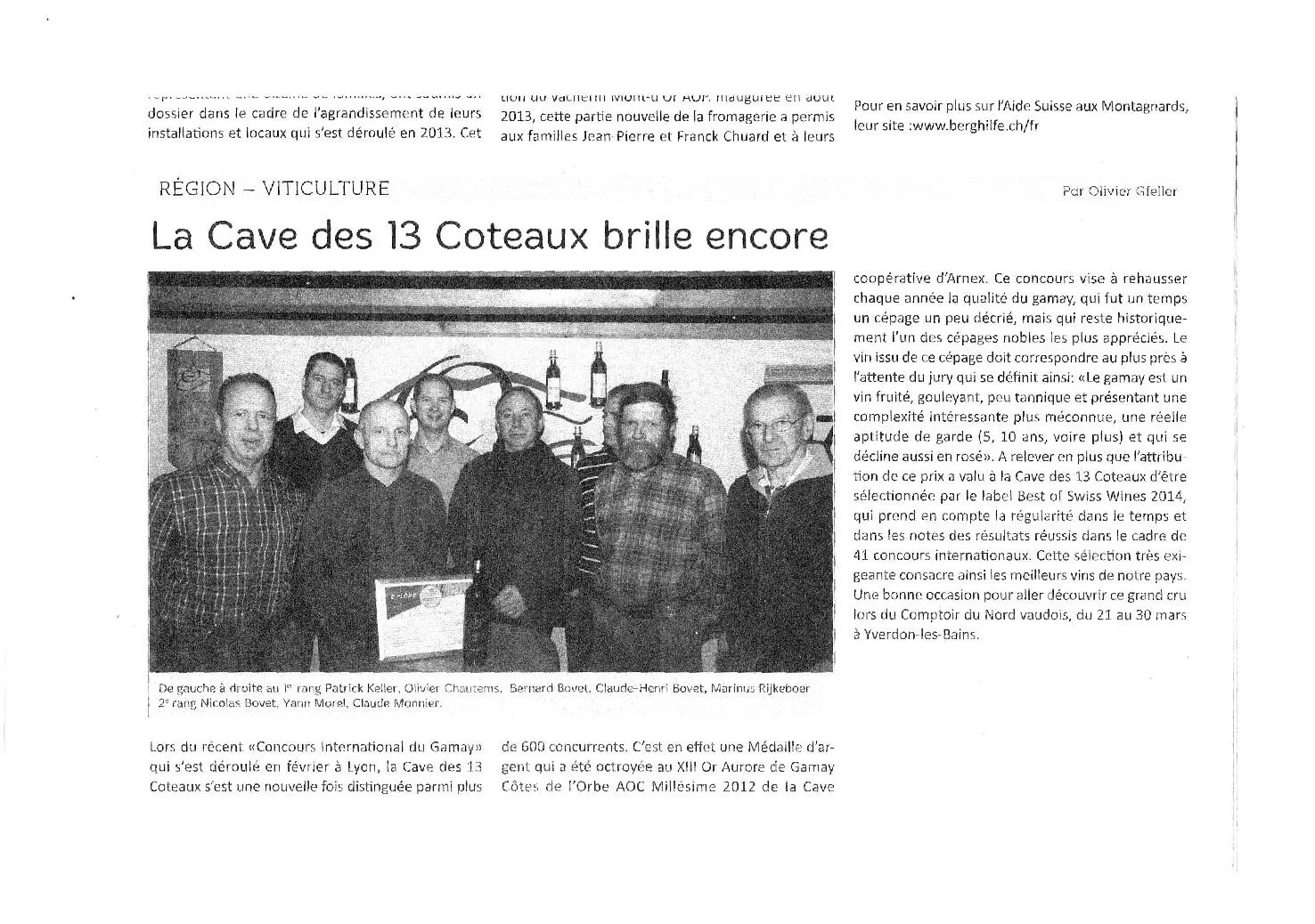 Article de presse annonçant une nouvelle distinction obtenue par la Cave des 13 Coteaux au Concours international du Gamay, avec Olivier Chautems et les vignerons récompensés.