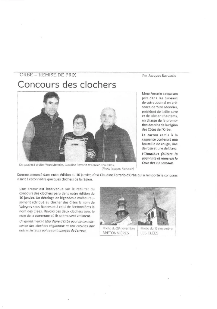 Article de presse sur la remise des prix du concours des clochers avec Olivier Chautems représentant les vins des Côtes de l'Orbe.