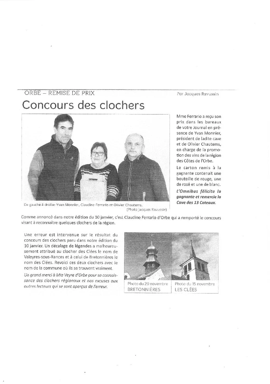 Article de presse sur la remise des prix du concours des clochers avec Olivier Chautems représentant les vins des Côtes de l'Orbe.