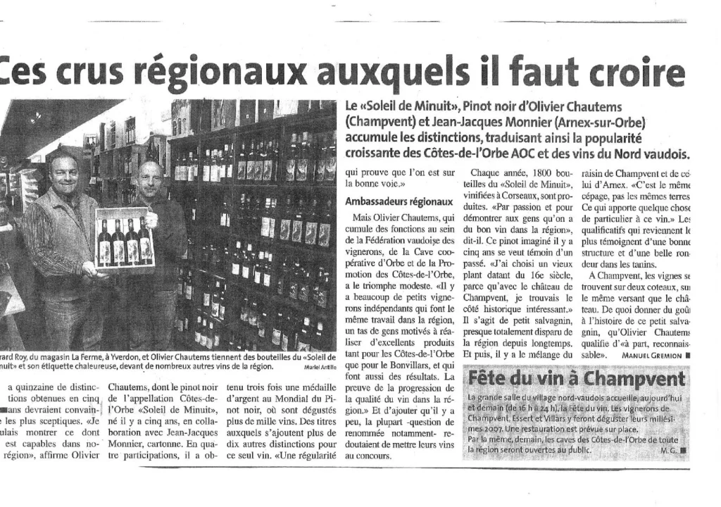 Article de presse mettant en avant le Pinot Noir « Soleil de Minuit » d'Olivier Chautems et Jean-Jacques Monnier, récompensé à plusieurs reprises et ambassadeur des Côtes de l'Orbe.