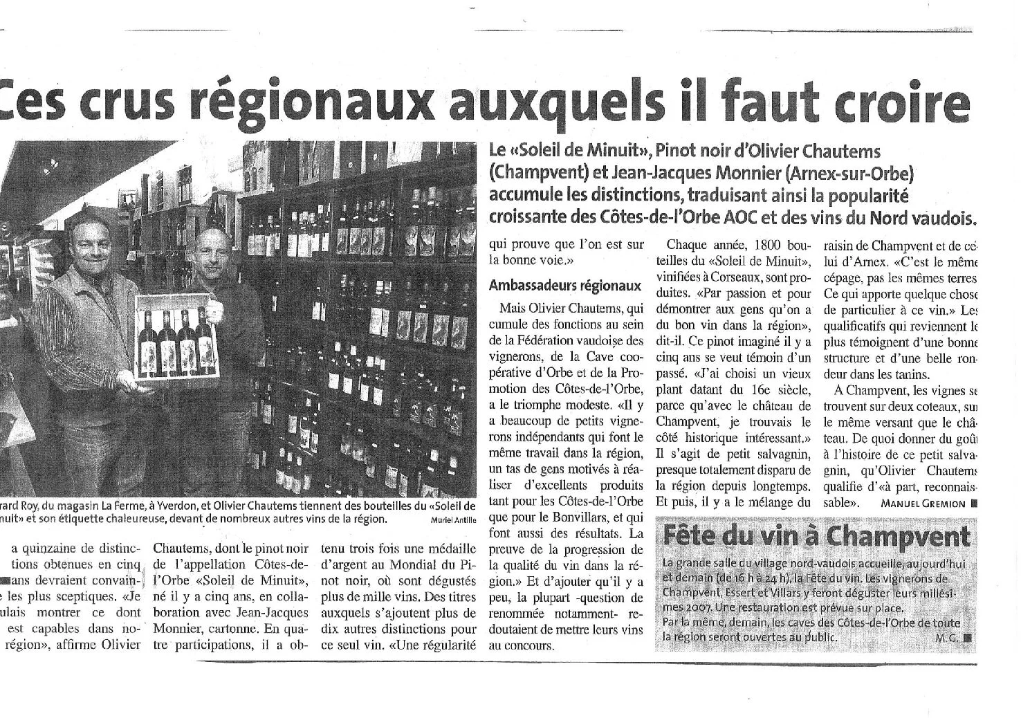 Article de presse mettant en avant le Pinot Noir « Soleil de Minuit » d'Olivier Chautems et Jean-Jacques Monnier, récompensé à plusieurs reprises et ambassadeur des Côtes de l'Orbe.