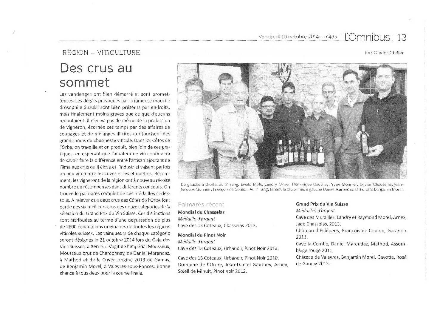 Article de presse mettant en avant les distinctions obtenues par les vins des Côtes de l'Orbe lors des concours viticoles suisses, avec les vignerons récompensés, dont Olivier Chautems.