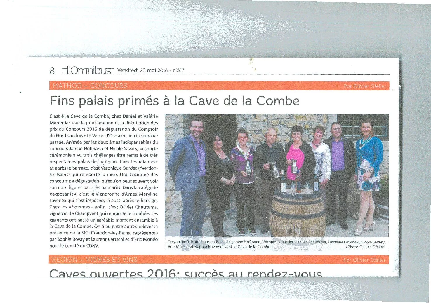 Article de presse consacré au Concours de dégustation du Comptoir du Nord vaudois, avec une photographie des lauréats, dont Olivier Chautems, à la Cave de la Combe.