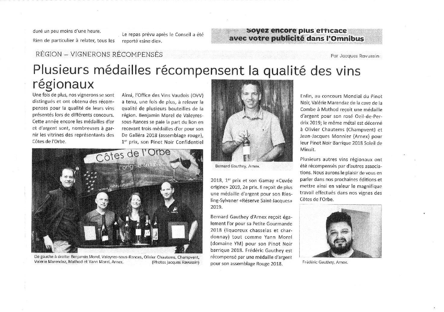 Article de presse annonçant plusieurs médailles récompensant les vins des Côtes de l'Orbe, avec Olivier Chautems parmi les vignerons distingués.