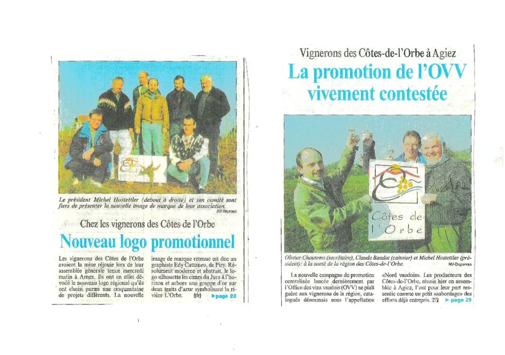 Article de presse présentant le nouveau logo promotionnel des Côtes de l'Orbe, avec Olivier Chautems et le comité de l'association lors de son dévoilement.