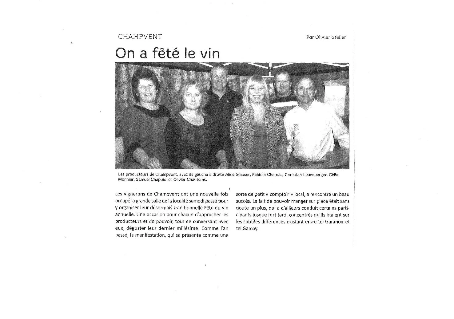 Article de presse consacré à la Fête du vin de Champvent, avec Olivier Chautems et les producteurs locaux réunis pour faire découvrir leurs vins au public.