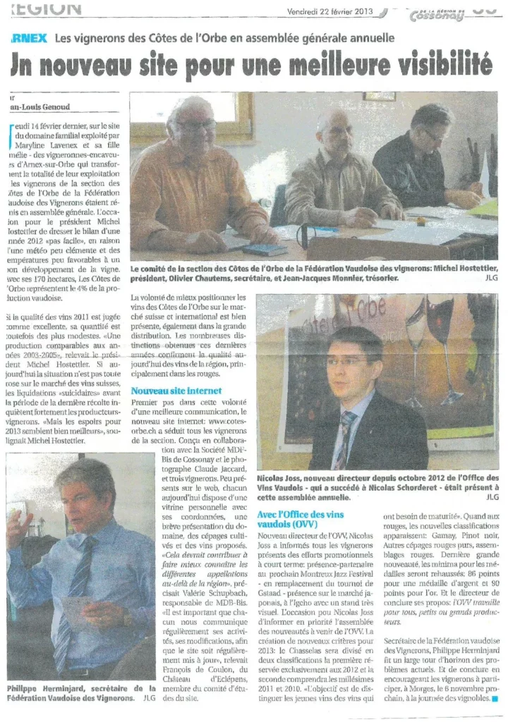 Article de presse annonçant le lancement du nouveau site internet des Côtes de l'Orbe, avec Olivier Chautems et le comité de l'appellation lors de l'assemblée générale annuelle.