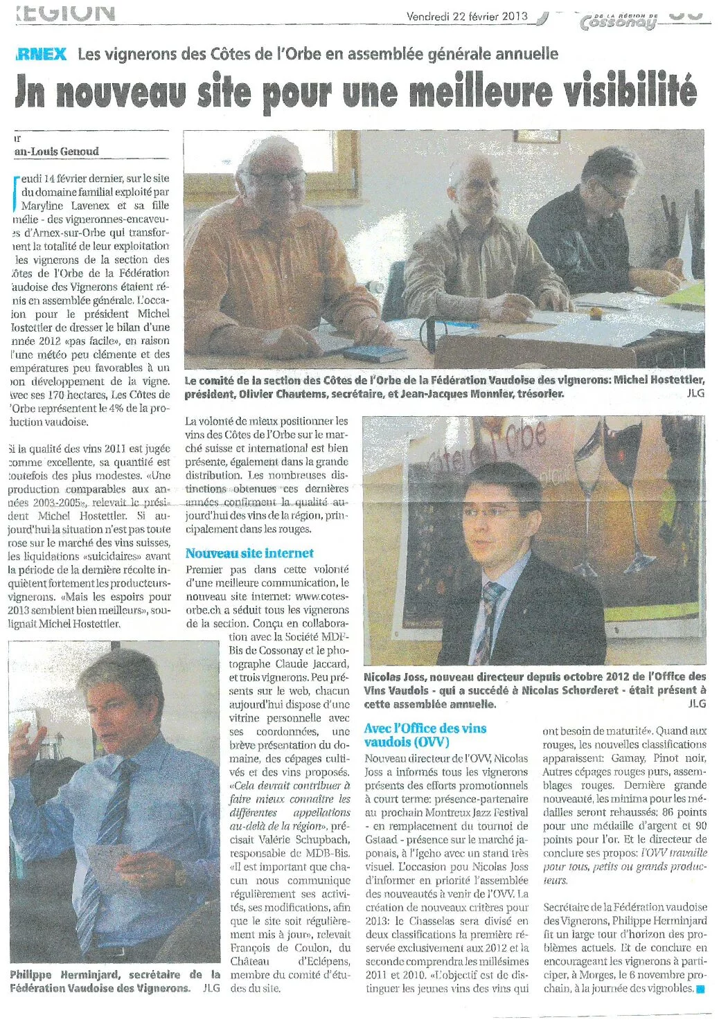 Article de presse annonçant le lancement du nouveau site internet des Côtes de l'Orbe, avec Olivier Chautems et le comité de l'appellation lors de l'assemblée générale annuelle.