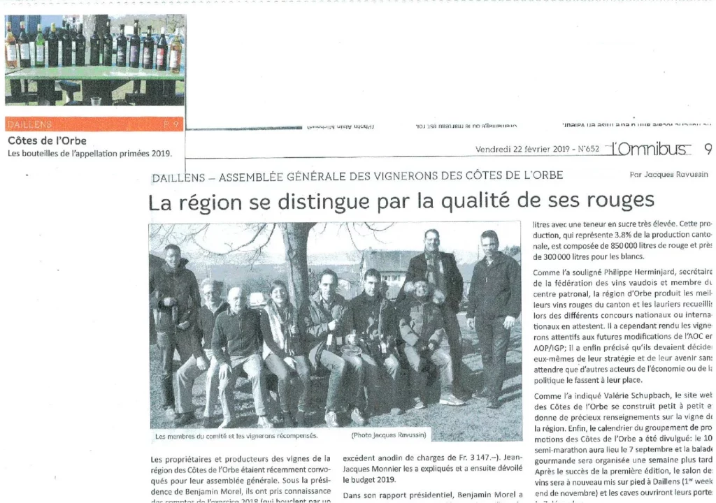 Article de presse consacré à l'assemblée générale des vignerons des Côtes de l'Orbe et à la reconnaissance de la qualité de leurs vins rouges.