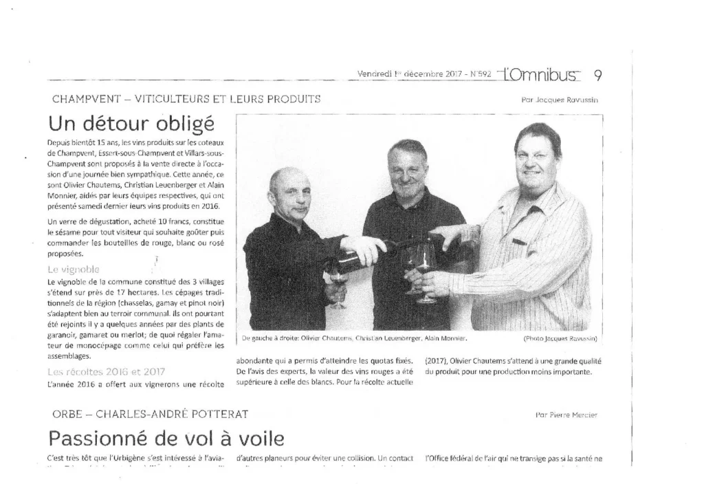 Article de presse présentant les vignerons de Champvent et leurs produits, avec une photographie d'Olivier Chautems, Christian Leuenberger et Alain Monnier lors d'une dégustation de vin.
