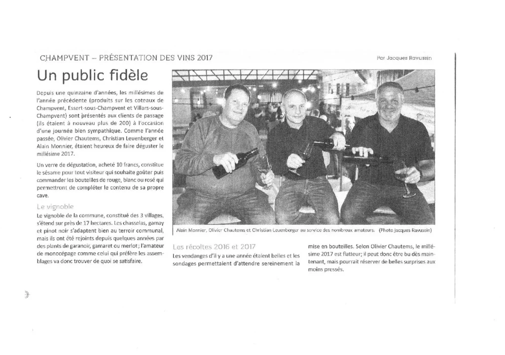 Article de presse consacré à la présentation du millésime 2017 du Domaine des Dumières avec Olivier Chautems lors d'une dégustation.