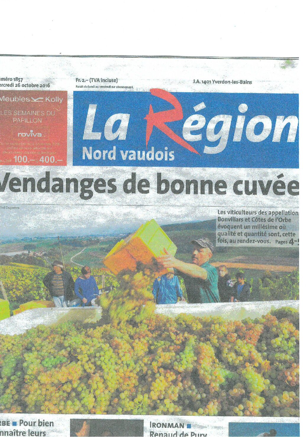 Une de La Région Nord vaudois consacrée aux vendanges 2016, illustrée par une photographie de vignerons récoltant le raisin dans les vignes des Côtes de l'Orbe.