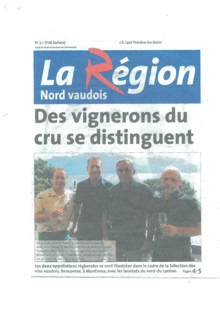 Une du journal La Région Nord vaudois annonçant les distinctions obtenues par les vignerons des Côtes de l'Orbe lors de la Sélection des vins vaudois, avec une photographie d'Olivier Chautems et des autres lauréats.