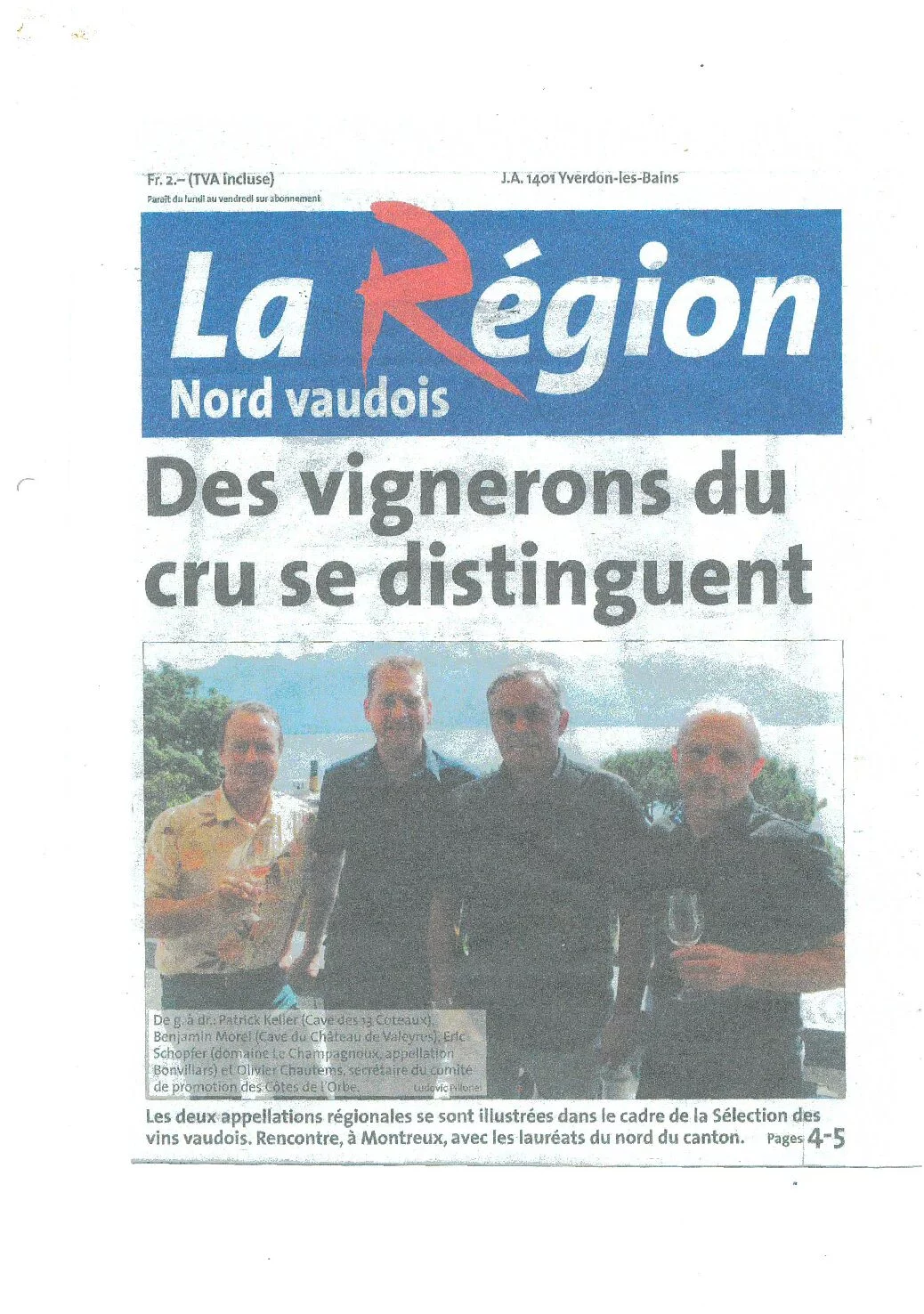 Une du journal La Région Nord vaudois annonçant les distinctions obtenues par les vignerons des Côtes de l'Orbe lors de la Sélection des vins vaudois, avec une photographie d'Olivier Chautems et des autres lauréats.